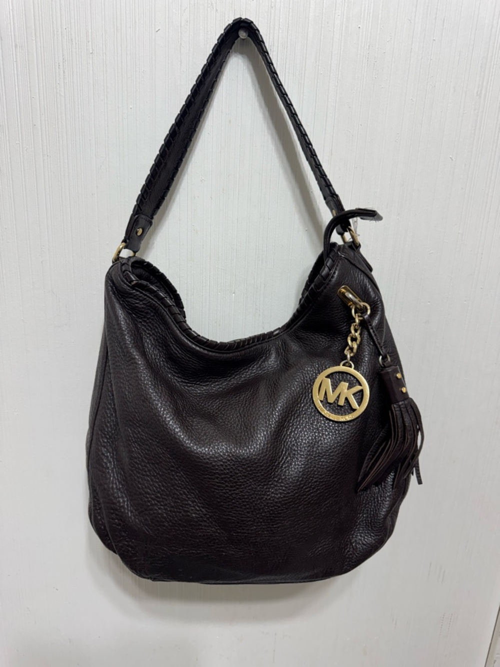 Michael Kors Black Pebbled Leather Hobo with Gold MK Charm